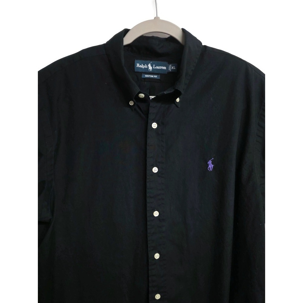 Polo Ralph Lauren Mens XL Black Custom Fit Button Down Shirt Purple Pony Logo